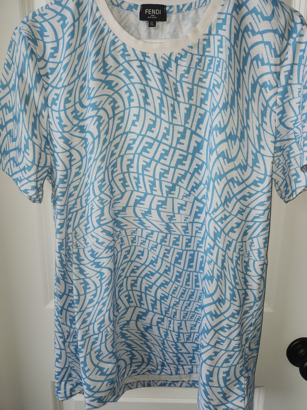 Fendi Distorted Logo White & Light Blue FF-Print Short Sleeve Tee